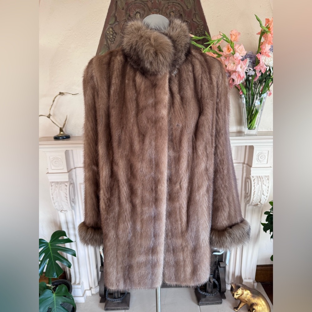 Elegant Full-Length Brown Mink Fur Coat with Fox Trim